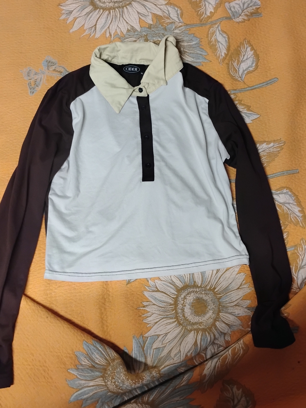 Cider Colorblock Long Sleeve Polo - White, Brown & Cream